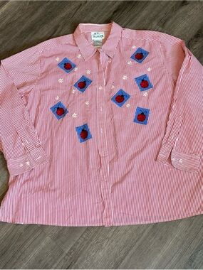 Quacker Factory Red & White Striped Button-Down Shirt with Ladybug Appliqués  2X